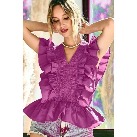 BiBi Cottagecore Chic Woven Ruffled Top In Berry Pink Sz Small - Picture 2 of 4